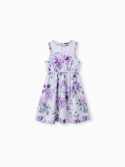 Kid Girl Floral Print Mesh Design Sleeveless Dress Purple
