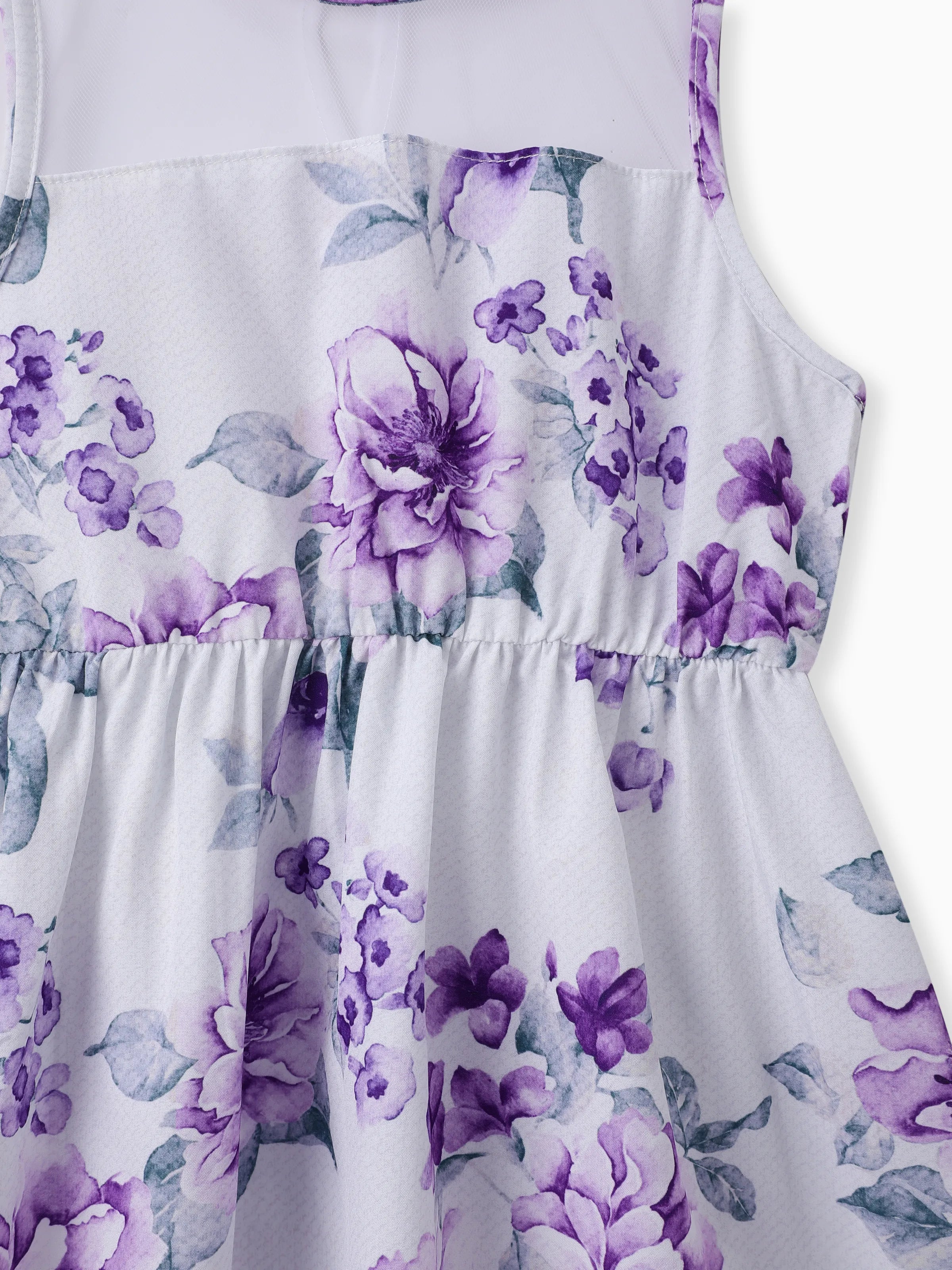 Kid Girl Floral Print Mesh Design Sleeveless Dress Purple - PatPat Kid Girl Floral Print Mesh Design Sleeveless Dress Purple - PatPat