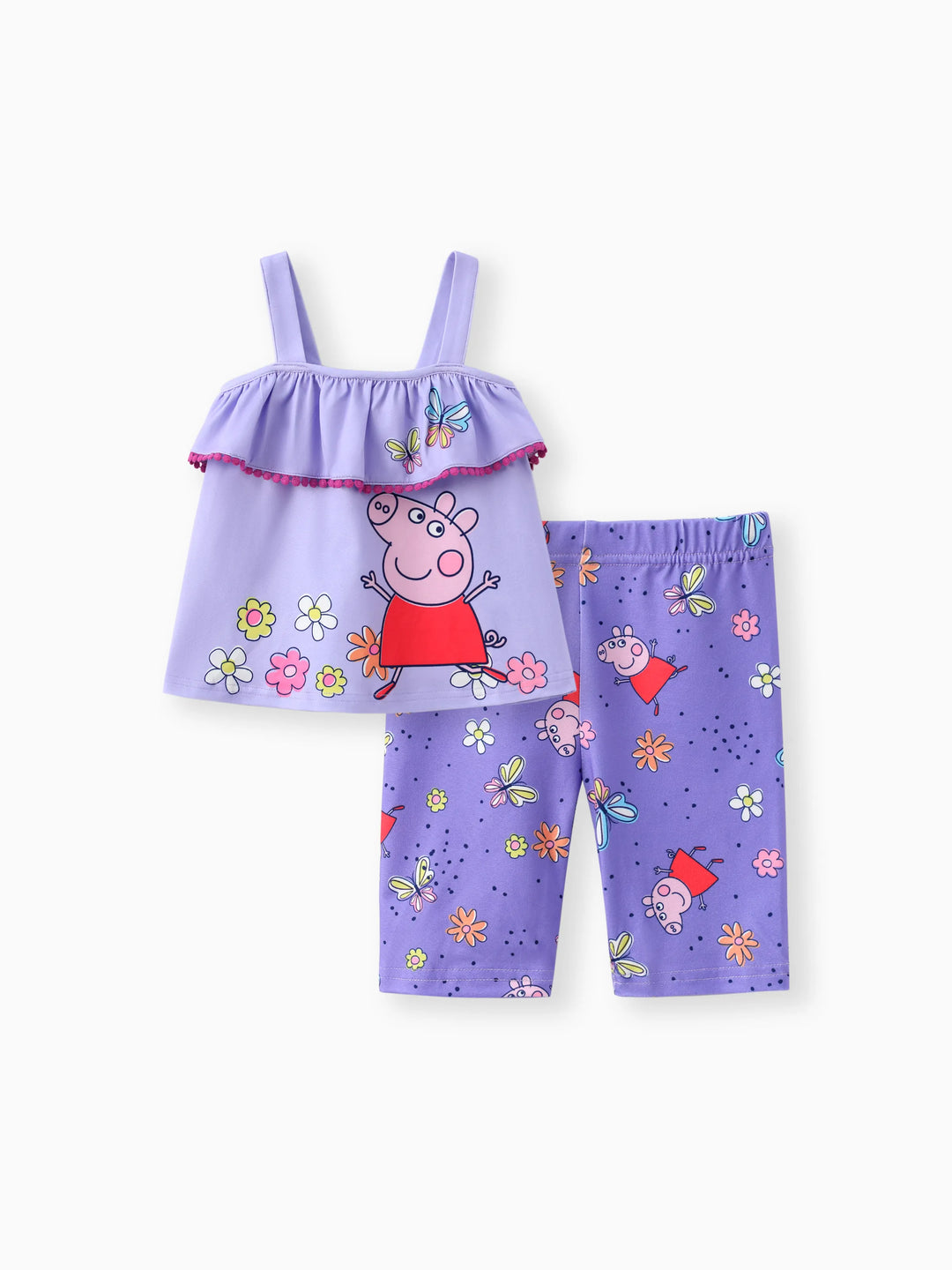 Peppa Pig Kleinkind Mädchen 2 Stück Blumen Schmetterling Print Rüschen ärmelloses Top mit Hosen Set lila