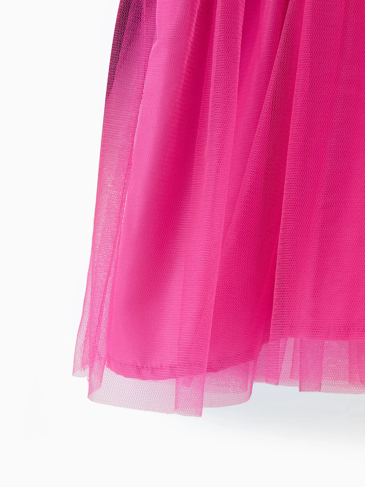 Barbie Toddler Girl Figure Print Bow Decor Long-sleeve Mesh Panel Fairy Dress Rose pink