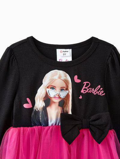 Barbie Toddler Girl Figure Print Bow Decor Long-sleeve Mesh Panel Fairy Dress Rose pink