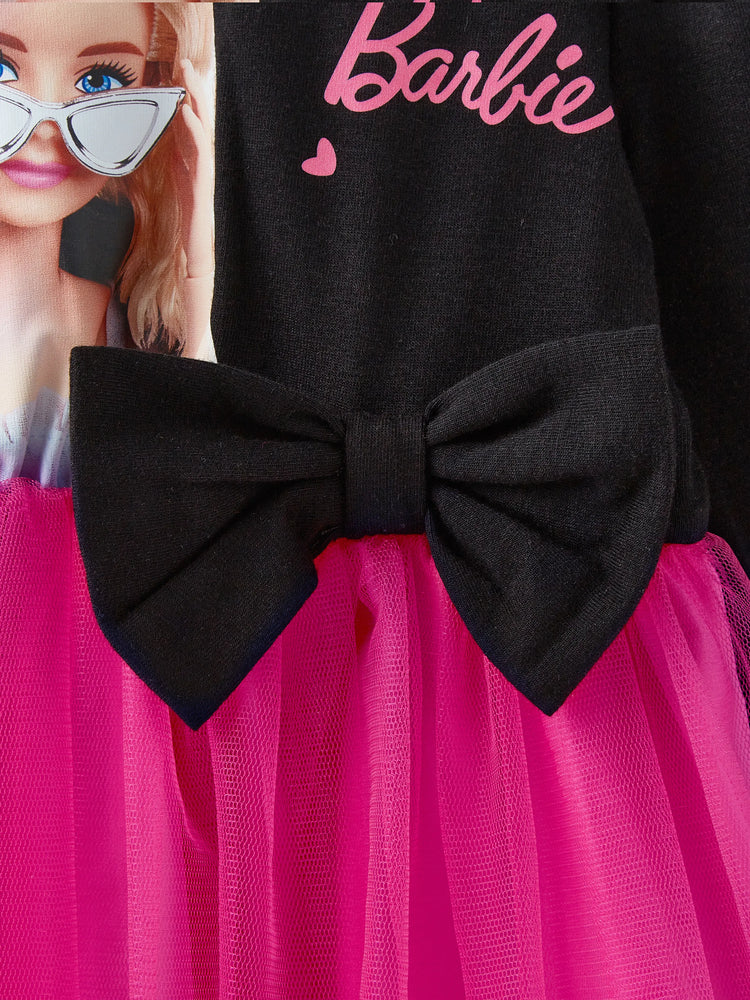 Barbie Toddler Girl Figure Print Bow Decor Long-sleeve Mesh Panel Fairy Dress Rose pink