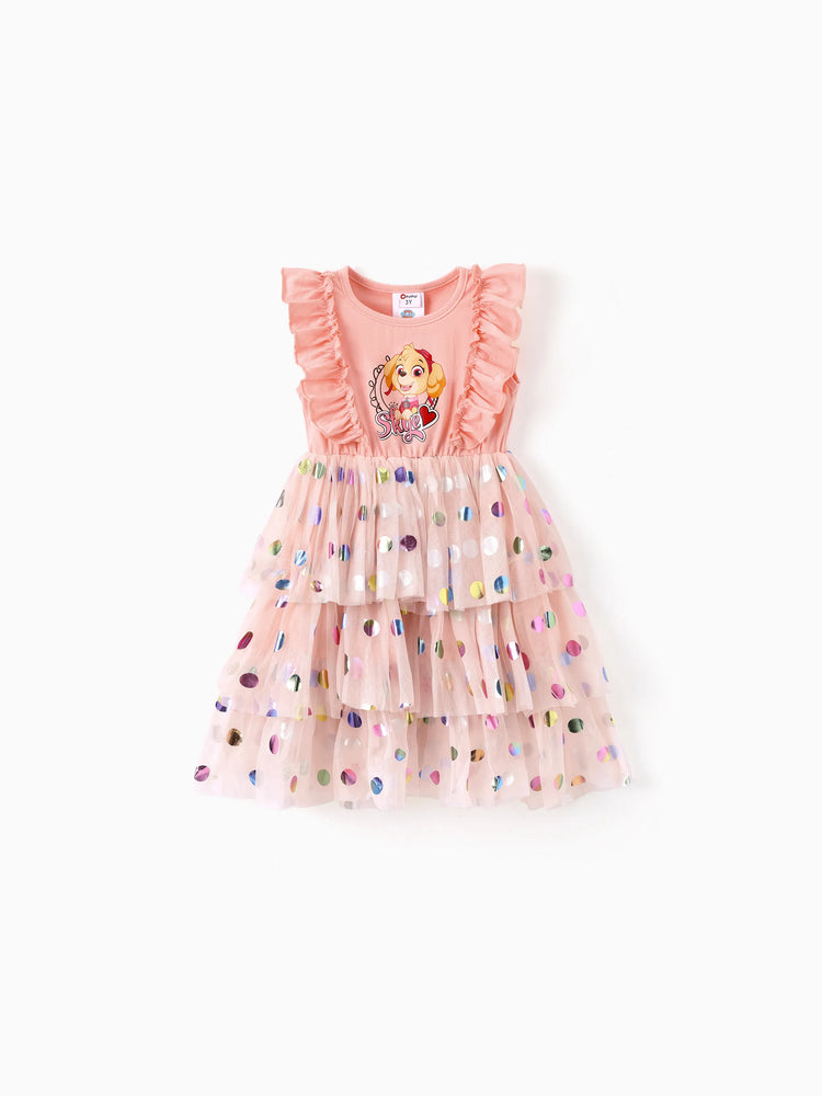 PAW Patrol Toddler Girl Skye Ruffled Polka dots Layered Mesh SpliceDress Pink