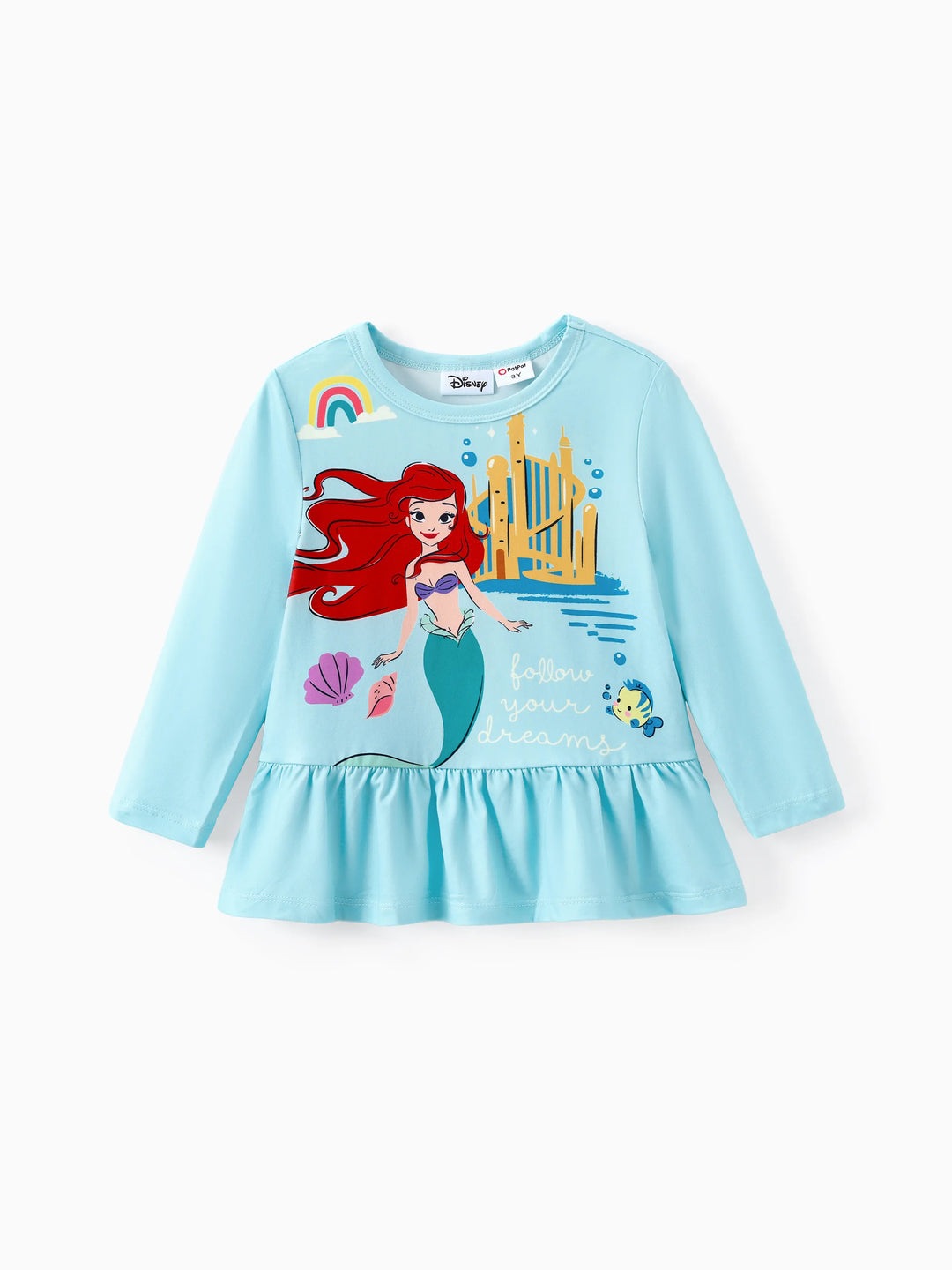 Ensemble 2 pièces Disney Princess pour petite fille, t-shirt à basque imprimé Ariel et pantalon à rayures, bleu menthe