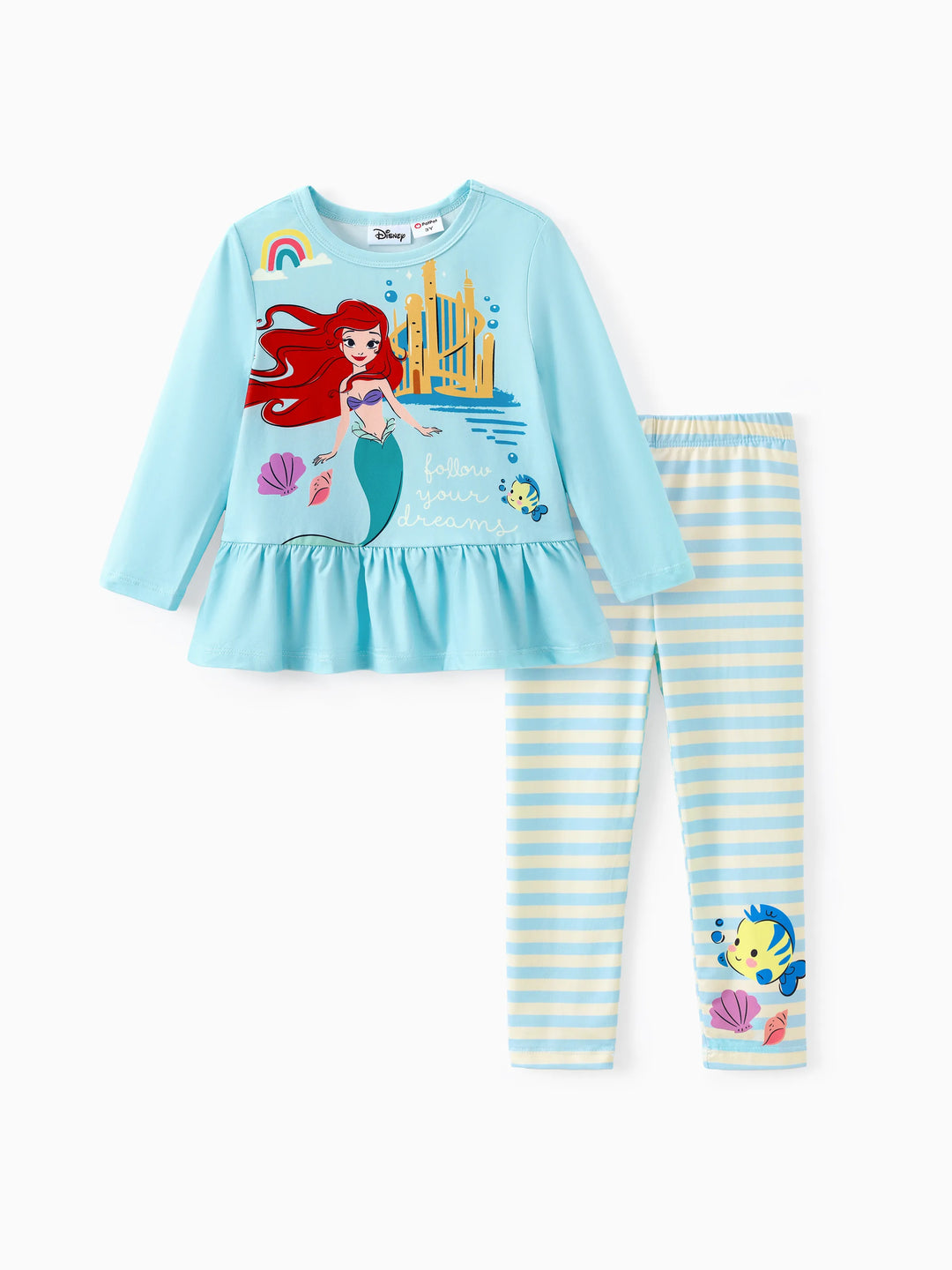 Ensemble 2 pièces Disney Princess pour petite fille, t-shirt à basque imprimé Ariel et pantalon à rayures, bleu menthe