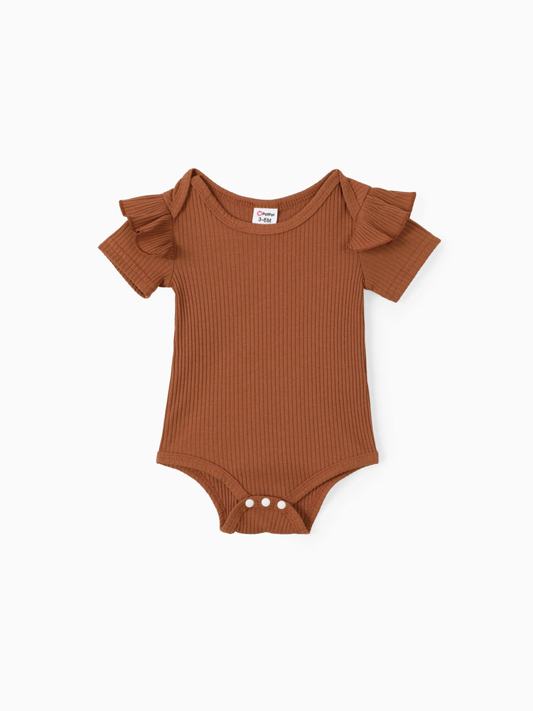 Ensemble 3 pièces pour bébé fille : barboteuse côtelée, short ceinturé et bandeau, marron
