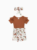 Ensemble 3 pièces pour bébé fille : barboteuse côtelée, short ceinturé et bandeau, marron