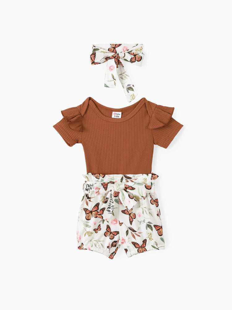 Ensemble 3 pièces pour bébé fille : barboteuse côtelée, short ceinturé et bandeau, marron