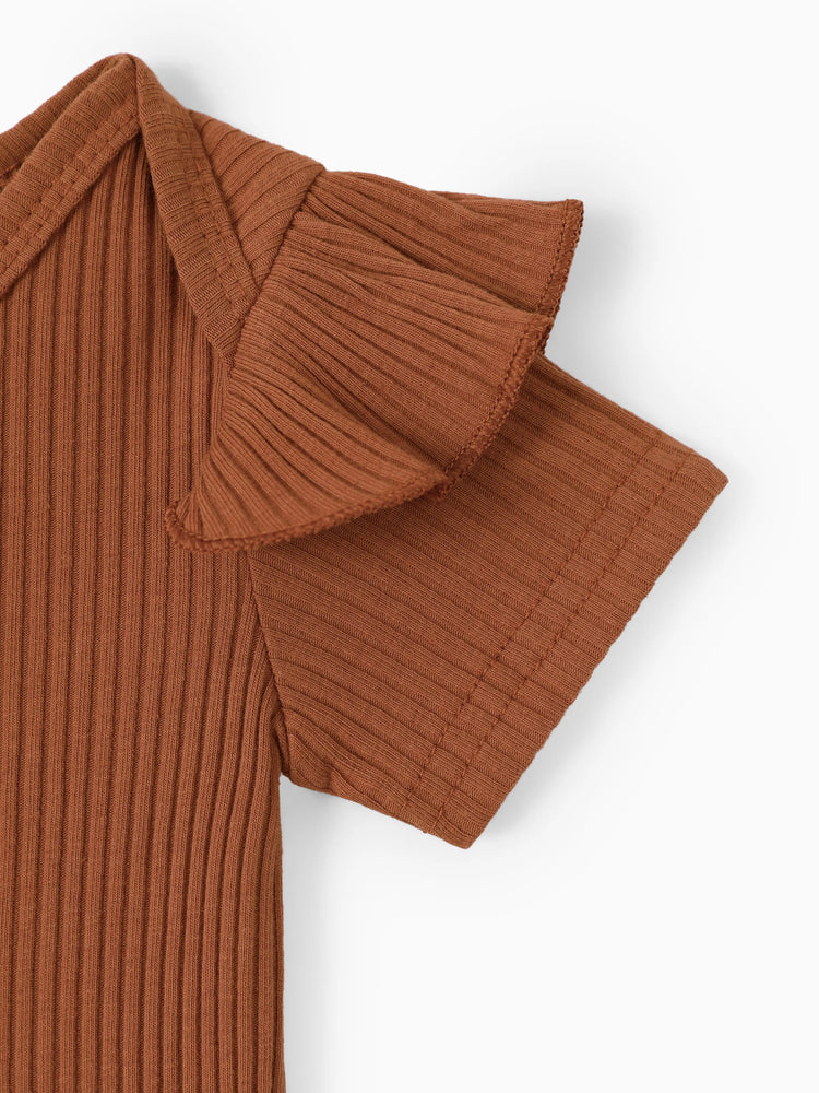 Ensemble 3 pièces pour bébé fille : barboteuse côtelée, short ceinturé et bandeau, marron