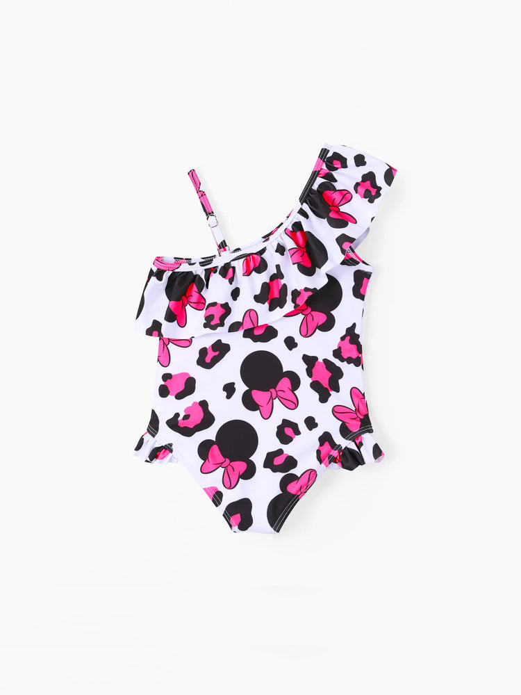Disney Mickey and Friends Toddler Girl Minnie Leopard print off-shoulder ruffle swimsuit Roseo