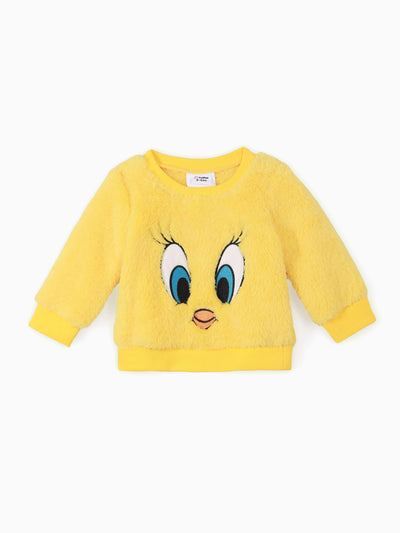 Pull polaire à manches longues brodé motif animal de dessin animé Looney Tunes pour bébé fille, jaune