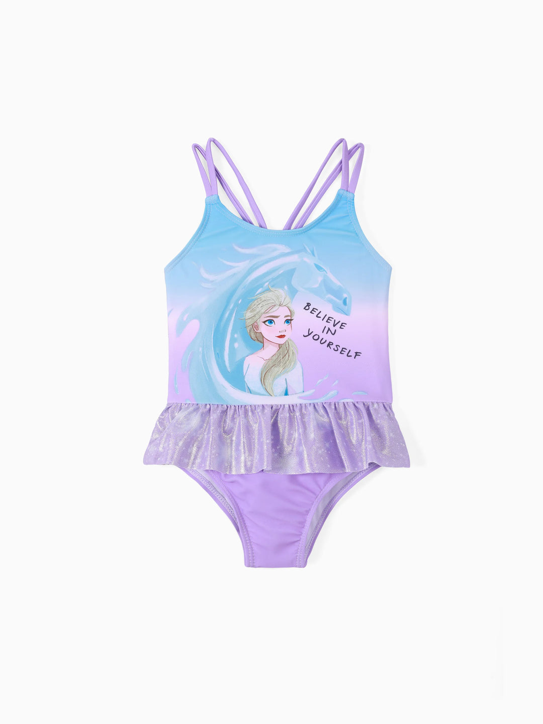 Disney Frozen Elsa 1pc Kleinkind Mädchen Charakter Ganzkörper Farbverlauf Wischmuster Glänzendes Material Rüsche UPF 50+ Badeanzug lila