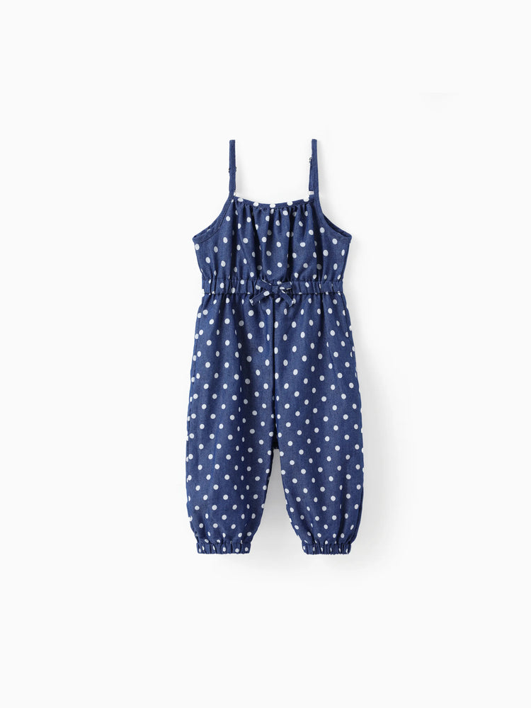 Toddler Girl Polka dots Bowknot Design Denim Cami Jumpsuits Deep Blue
