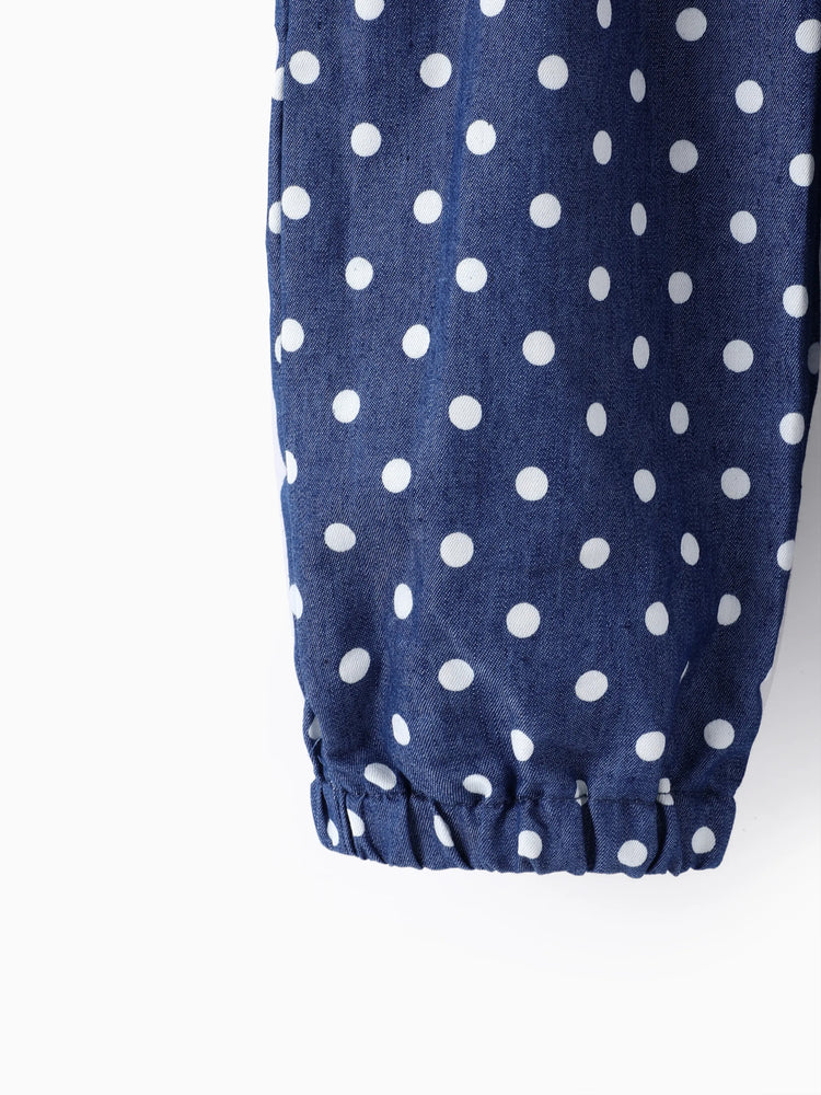 Toddler Girl Polka dots Bowknot Design Denim Cami Jumpsuits Deep Blue