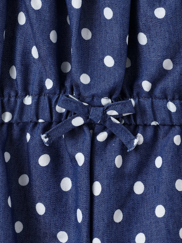 Toddler Girl Polka dots Bowknot Design Denim Cami Jumpsuits Deep Blue