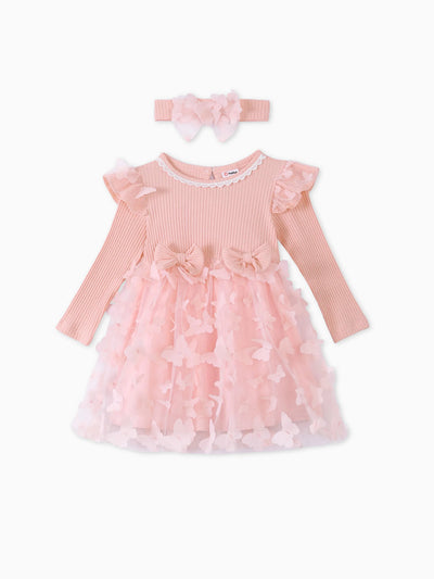 2pcs Baby Girl 95% Cotton Ribbed Long-sleeve Splicing 3D Butterfly Appliques Mesh Fairy Dress with Headband Set Pink