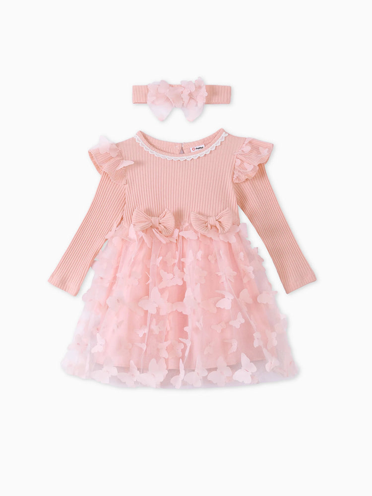 2pcs Baby Mädchen 95% Baumwolle gerippt Langarm Spleißen 3D-Schmetterling Applikationen Netzkleid mit Stirnband-Set rosa