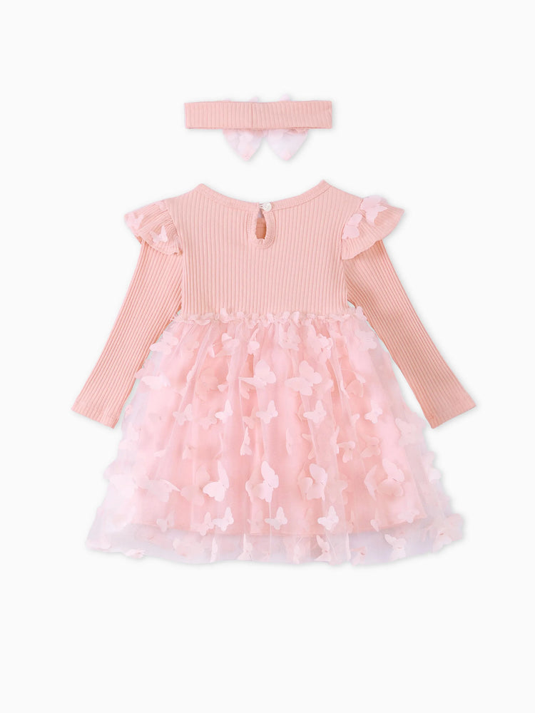 2pcs Baby Mädchen 95% Baumwolle gerippt Langarm Spleißen 3D-Schmetterling Applikationen Netzkleid mit Stirnband-Set rosa