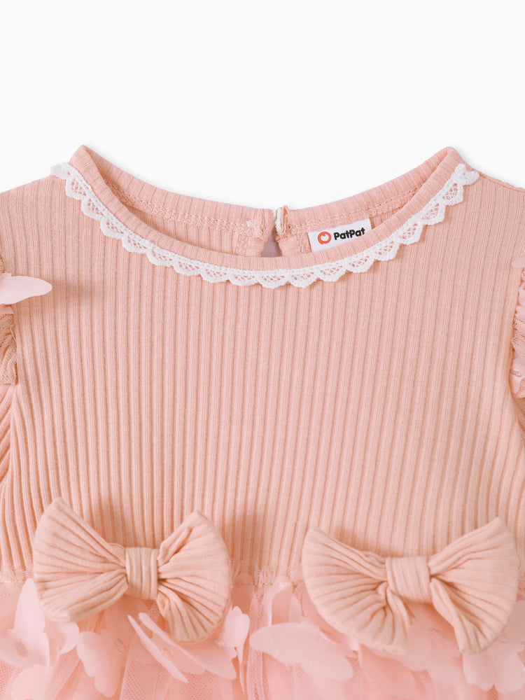 2pcs Baby Mädchen 95% Baumwolle gerippt Langarm Spleißen 3D-Schmetterling Applikationen Netzkleid mit Stirnband-Set rosa