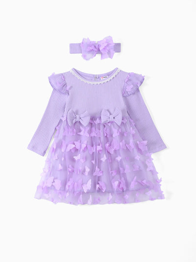 2pcs Baby Girl 95% Cotton Ribbed Long-sleeve Splicing 3D Butterfly Appliques Mesh Fairy Dress with Headband Set Purple