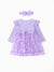 2pcs Baby Girl 95% Cotton Ribbed Long-sleeve Splicing 3D Butterfly Appliques Mesh Fairy Dress with Headband Set Purple