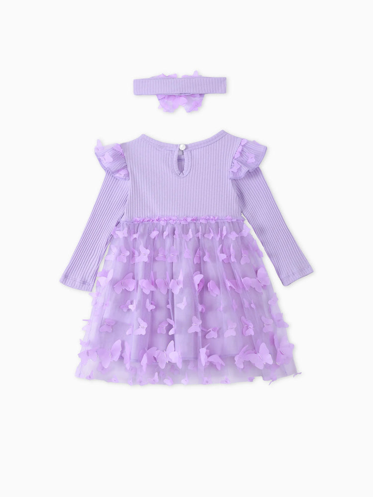 2pcs Baby Girl 95% Cotton Ribbed Long-sleeve Splicing 3D Butterfly Appliques Mesh Fairy Dress with Headband Set Purple