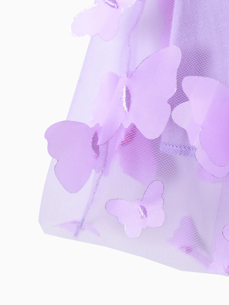 2pcs Baby Girl 95% Cotton Ribbed Long-sleeve Splicing 3D Butterfly Appliques Mesh Fairy Dress with Headband Set Purple