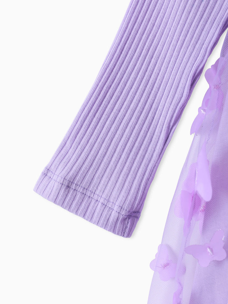 2pcs Baby Girl 95% Cotton Ribbed Long-sleeve Splicing 3D Butterfly Appliques Mesh Fairy Dress with Headband Set Purple