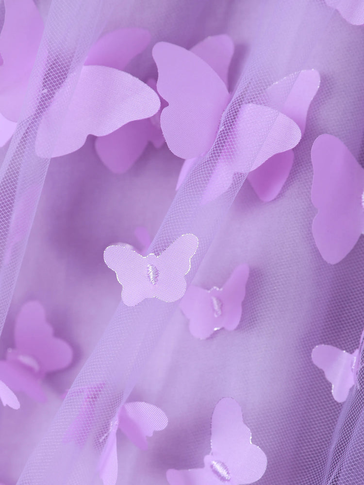 2pcs Baby Girl 95% Cotton Ribbed Long-sleeve Splicing 3D Butterfly Appliques Mesh Fairy Dress with Headband Set Purple