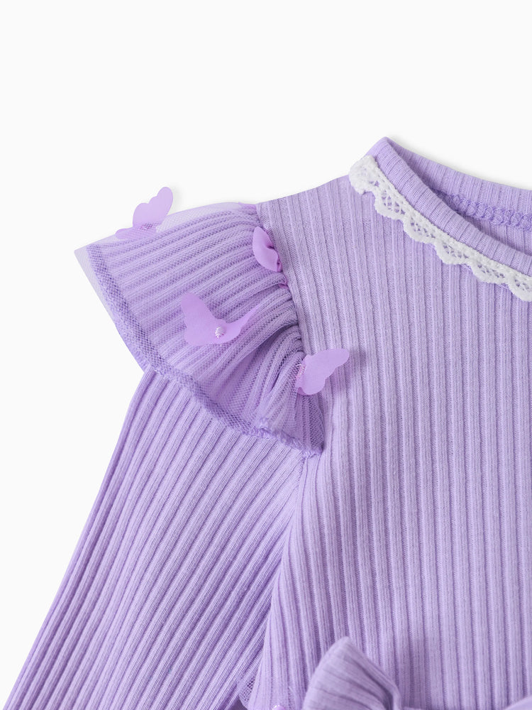 2pcs Baby Girl 95% Cotton Ribbed Long-sleeve Splicing 3D Butterfly Appliques Mesh Fairy Dress with Headband Set Purple