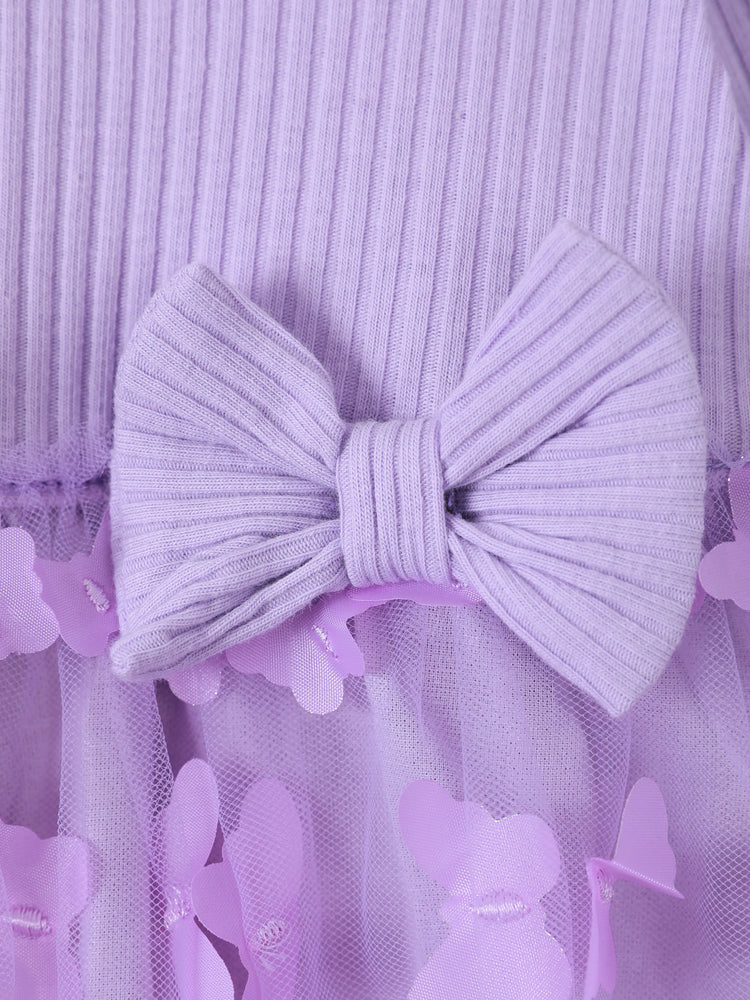 2pcs Baby Girl 95% Cotton Ribbed Long-sleeve Splicing 3D Butterfly Appliques Mesh Fairy Dress with Headband Set Purple