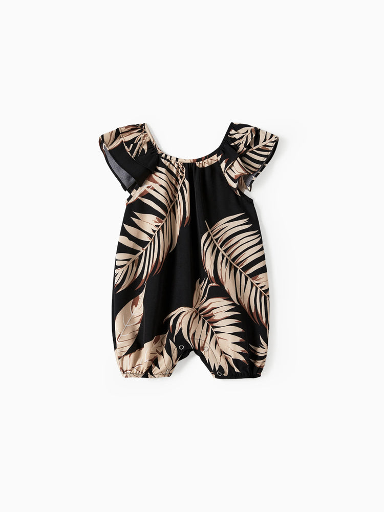 Mommy and Me Family Matching Solid Leaf Sleeveless Halter Dresses And Short Sleeve Tops Sets Black