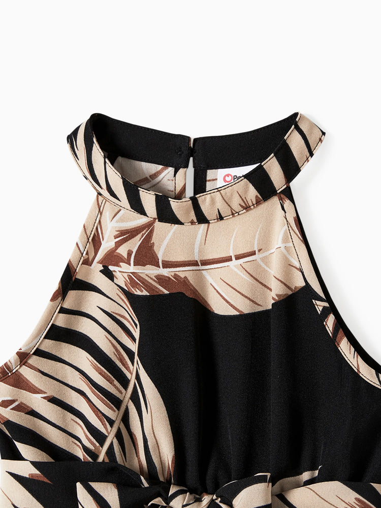 Mommy and Me Family Matching Solid Leaf Sleeveless Halter Dresses And Short Sleeve Tops Sets Black