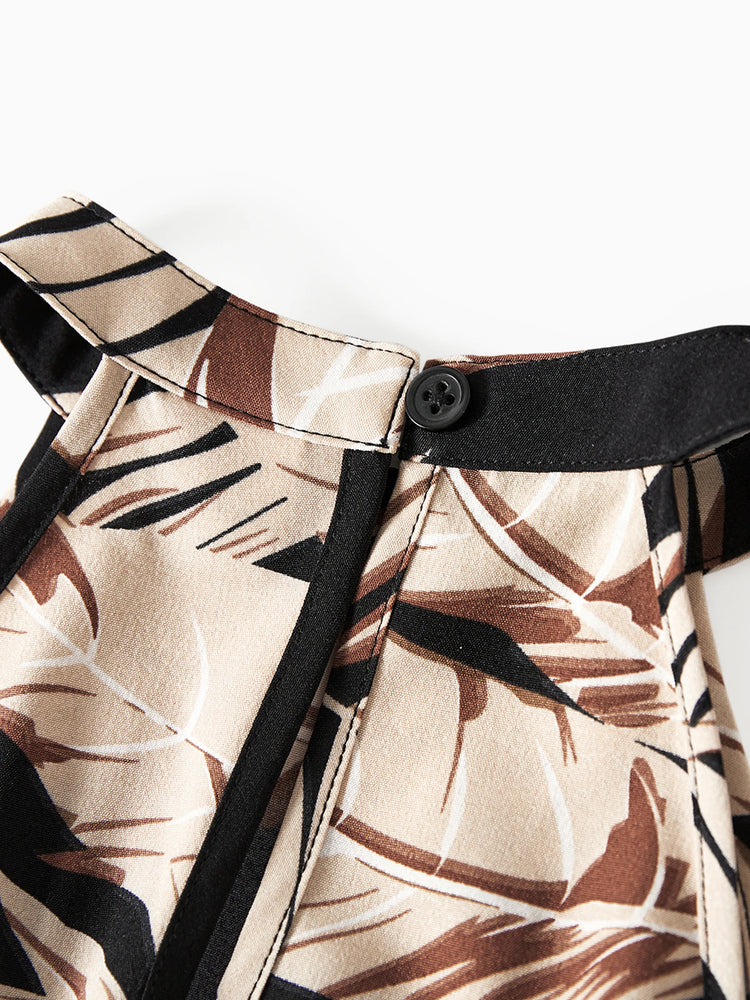 Mommy and Me Family Matching Solid Leaf Sleeveless Halter Dresses And Short Sleeve Tops Sets Black