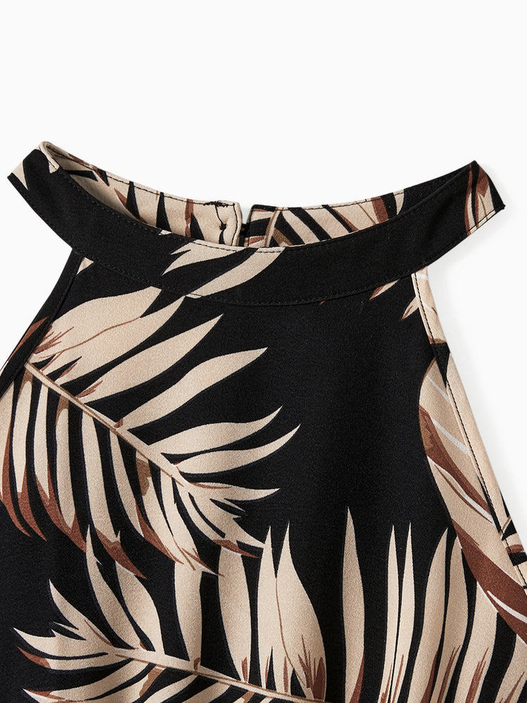 Mommy and Me Family Matching Solid Leaf Sleeveless Halter Dresses And Short Sleeve Tops Sets Black