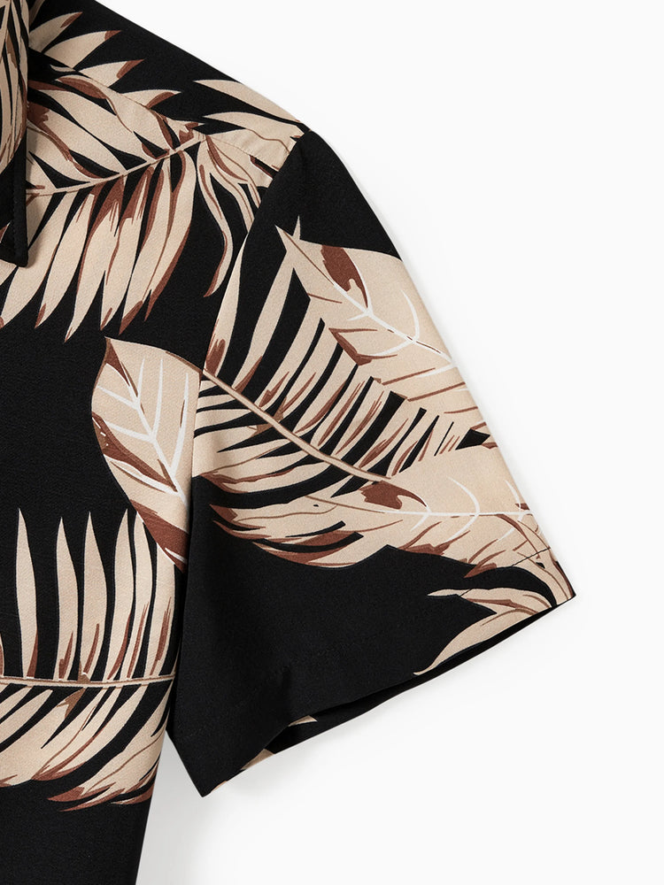 Daddy and Me Family Matching Solid Leaf Sleeveless Halter Dresses And Short Sleeve Tops Sets Black