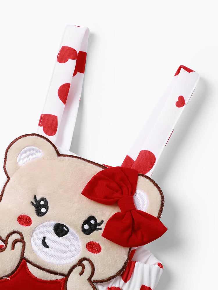 Ensemble 3 pièces pour bébé fille, barboteuse style ours et robe brodée avec bandeau, rouge