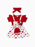 Ensemble 3 pièces pour bébé fille, barboteuse style ours et robe brodée avec bandeau, rouge