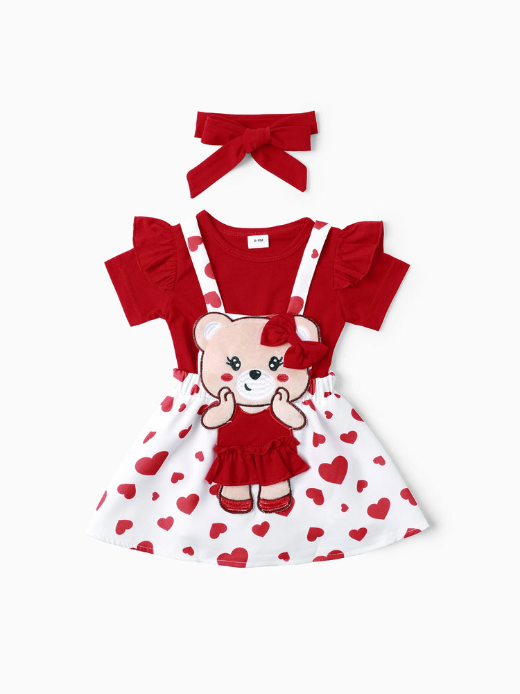 Ensemble 3 pièces pour bébé fille, barboteuse style ours et robe brodée avec bandeau, rouge