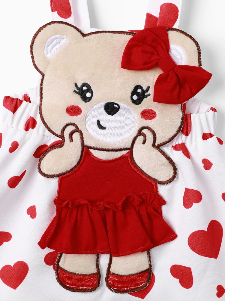 Ensemble 3 pièces pour bébé fille, barboteuse style ours et robe brodée avec bandeau, rouge