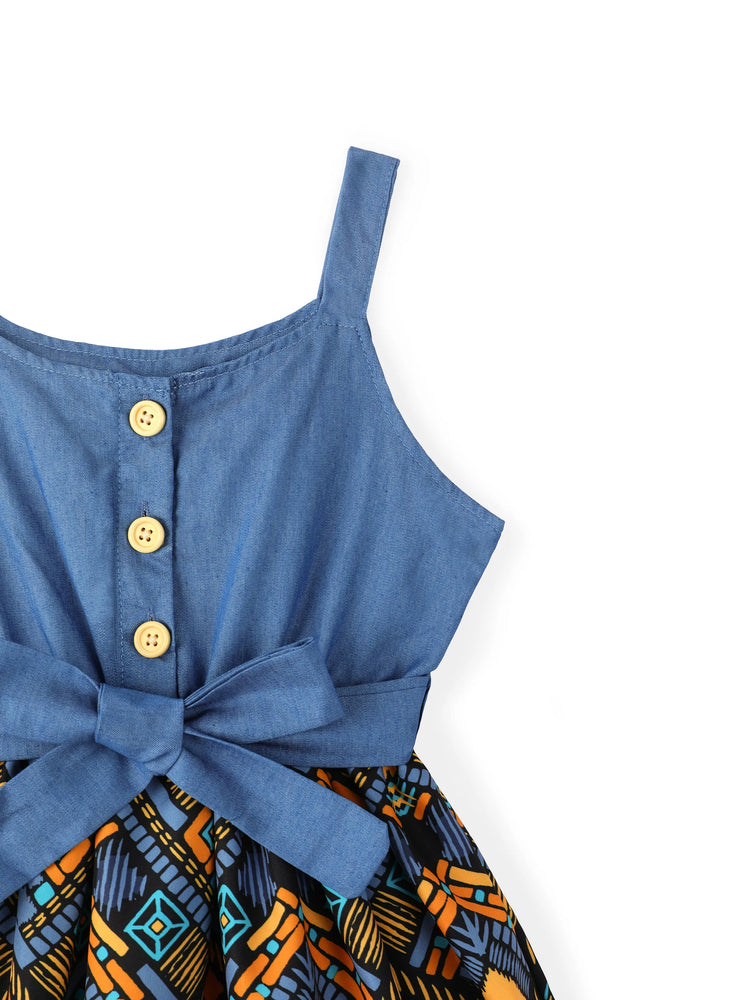 Toddler Girl Boho Exotic Graphic Splice Belted Slip Dress Light Blue