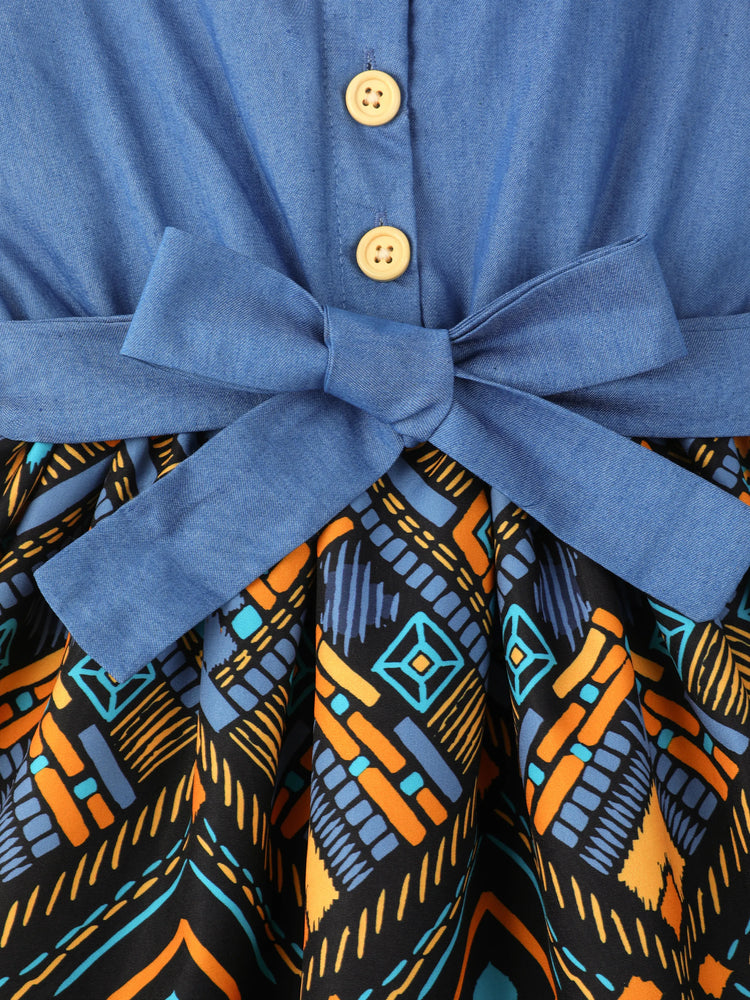 Toddler Girl Boho Exotic Graphic Splice Belted Slip Dress Light Blue