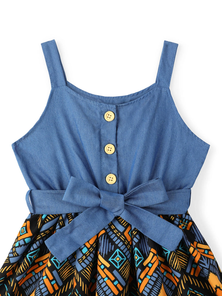 Toddler Girl Boho Exotic Graphic Splice Belted Slip Dress Light Blue
