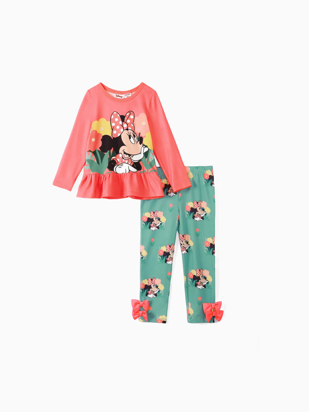 Disney Mickey and Friends Toddler Girl 2pcs Minnie Character Print Peplum Long-sleeve Tee and Bowknot Pants Set Light Red