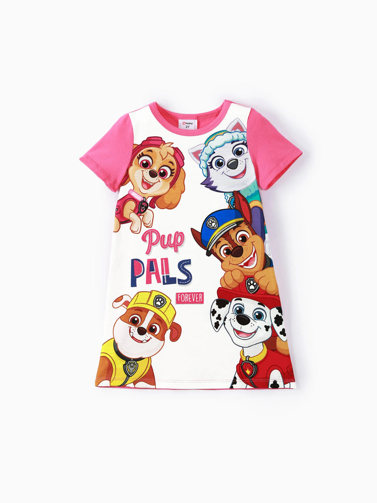 PAW Patrol Toddler Girl Chase Marshall Skye Rubble Everest Letter Print Colorblock Short-sleeve Cotton Dress PinkyWhite