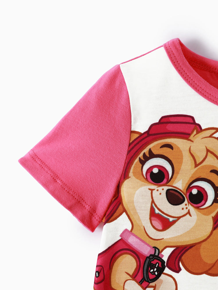PAW Patrol Toddler Girl Chase Marshall Skye Rubble Everest Letter Print Colorblock Short-sleeve Cotton Dress PinkyWhite