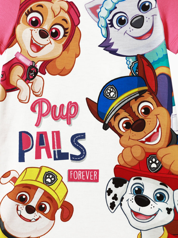 PAW Patrol Toddler Girl Chase Marshall Skye Rubble Everest Letter Print Colorblock Short-sleeve Cotton Dress PinkyWhite