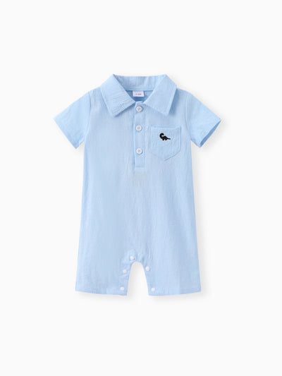 Combinaison bébé garçon 100 % coton avec poches à boutons sur le devant et motif dinosaure, col à revers, couleur unie, bleu