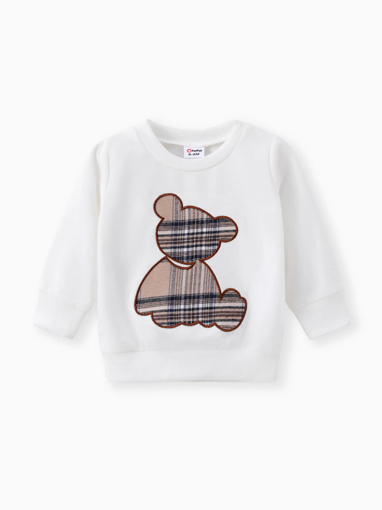 Ensemble 2 pièces pour bébé garçon/fille, sweat-shirt et pantalon à carreaux, ours brodé, blanc cassé