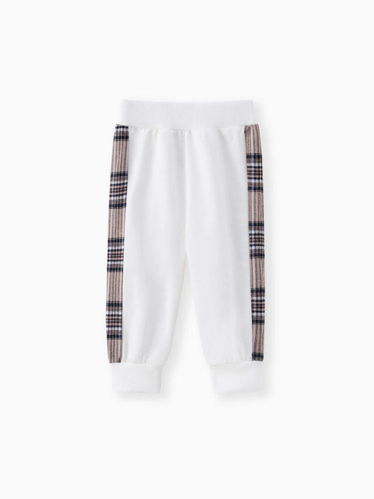 Ensemble 2 pièces pour bébé garçon/fille, sweat-shirt et pantalon à carreaux, ours brodé, blanc cassé